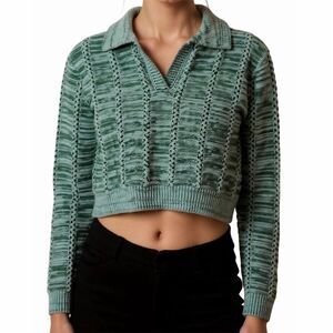 Storia Women's Green Textured Collared Cropped Sweater Size S